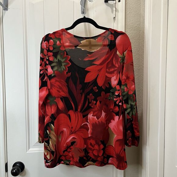 Susan Lawrence Red Tan Floral Stretchy Slinky Long Sleeve Top Womens Size 2X - Picture 7 of 10